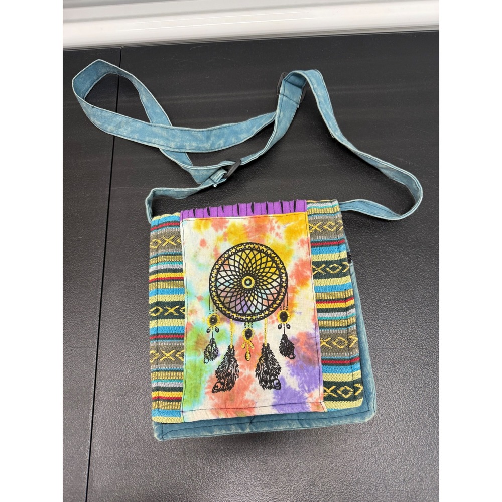 Vintage Y2K Tie Dye Dreamcatcher Crossbody Bag Cotton Nepal Boho Hippie Blue